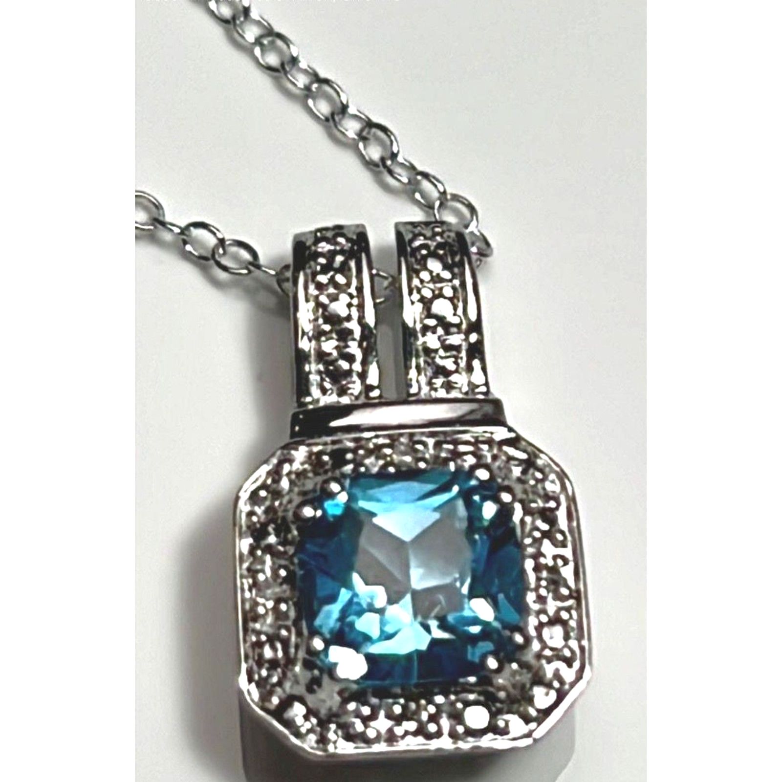 Sterling Silver 925 Blue Topaz Cushion Cut Halo Pendant Necklace 18" 2.8g